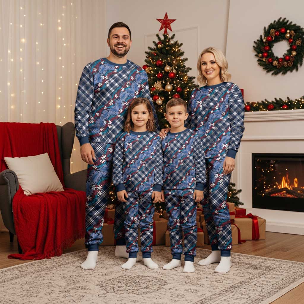 Polynesian Monstera Tiare Floral Christmas Pajama Set Royal Blue Tropical Plaid - Polynesian Pride