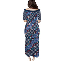Polynesian Monstera Tiare Floral Puletasi Royal Blue Tropical Plaid - Polynesian Pride