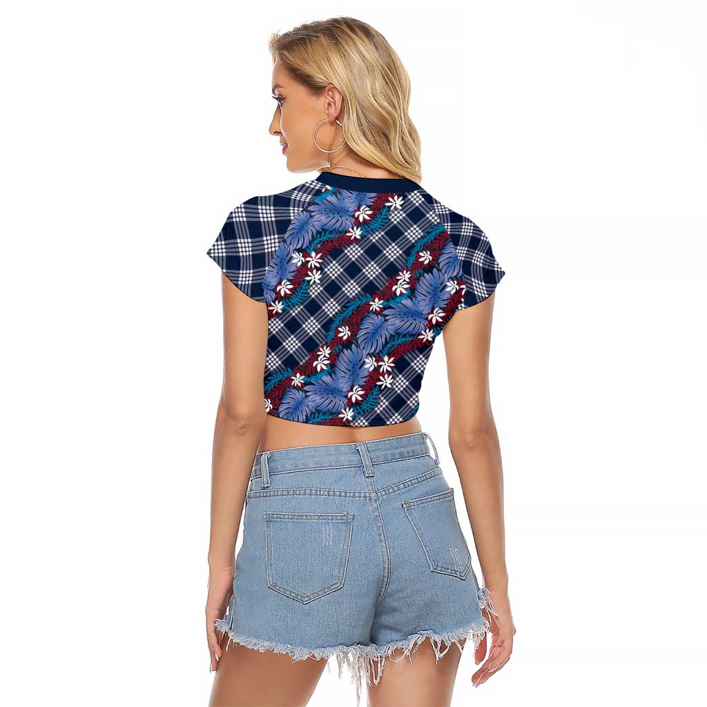 Polynesian Monstera Tiare Floral Raglan Cropped T Shirt Royal Blue Tropical Plaid LT01 - Polynesian Pride