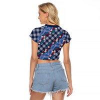 Polynesian Monstera Tiare Floral Raglan Cropped T Shirt Royal Blue Tropical Plaid LT01 - Polynesian Pride