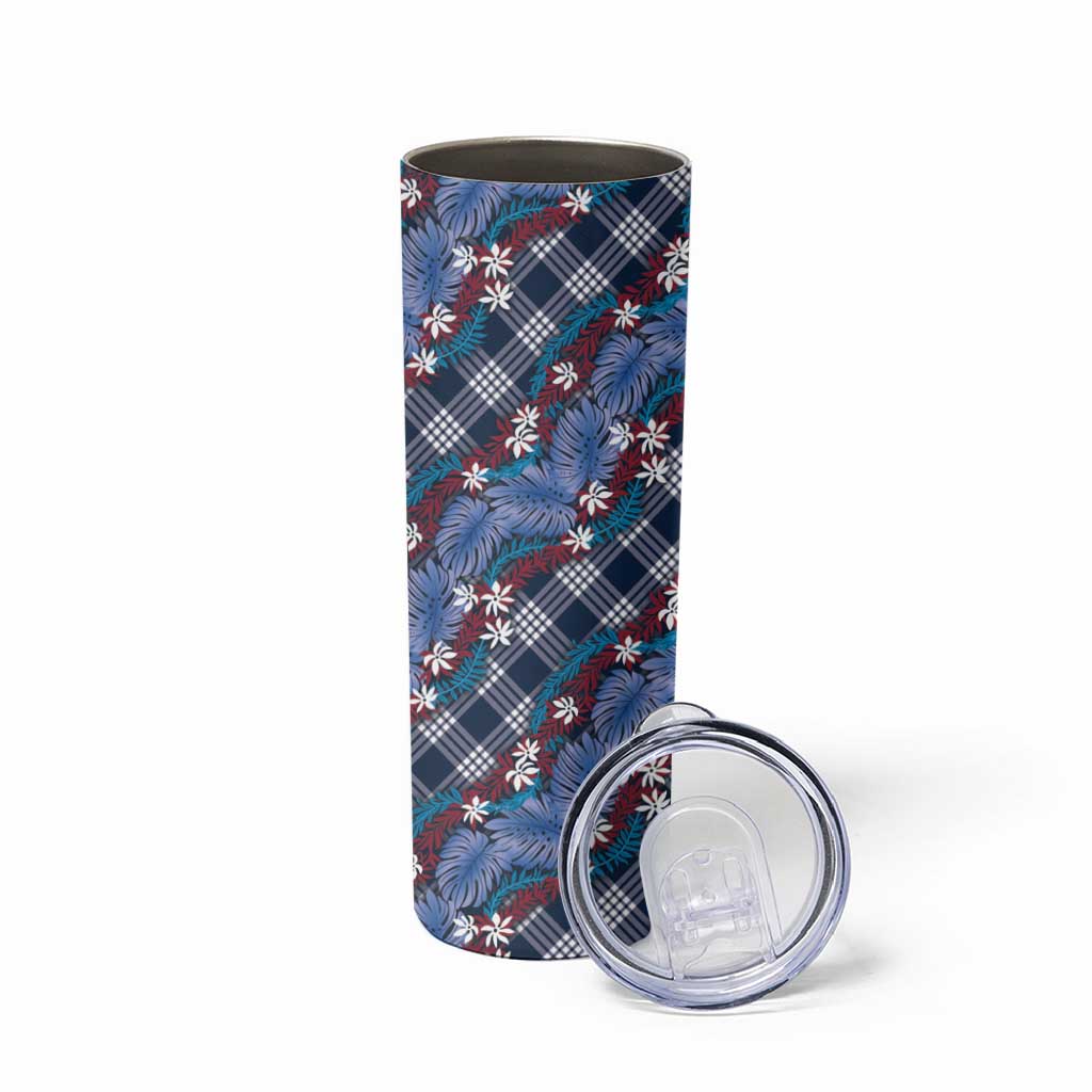 Polynesian Monstera Tiare Floral Skinny Tumbler Royal Blue Tropical Plaid LT01 - Polynesian Pride