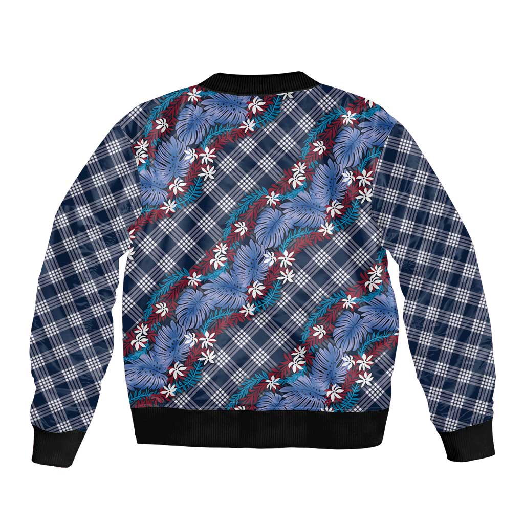 Polynesian Monstera Tiare Floral Sleeve Zip Bomber Jacket Royal Blue Tropical Plaid - Polynesian Pride