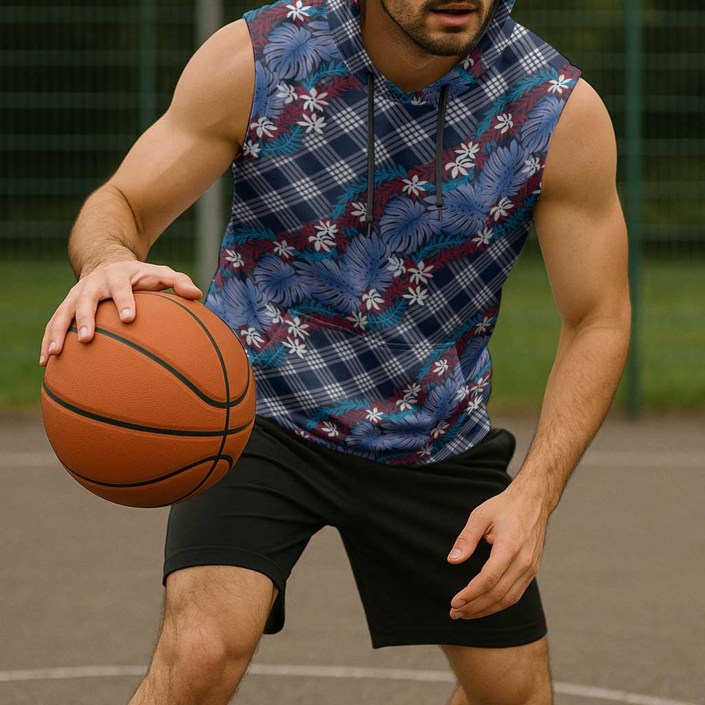 Polynesian Monstera Tiare Floral Sleeveless Hoodie Royal Blue Tropical Plaid - Polynesian Pride