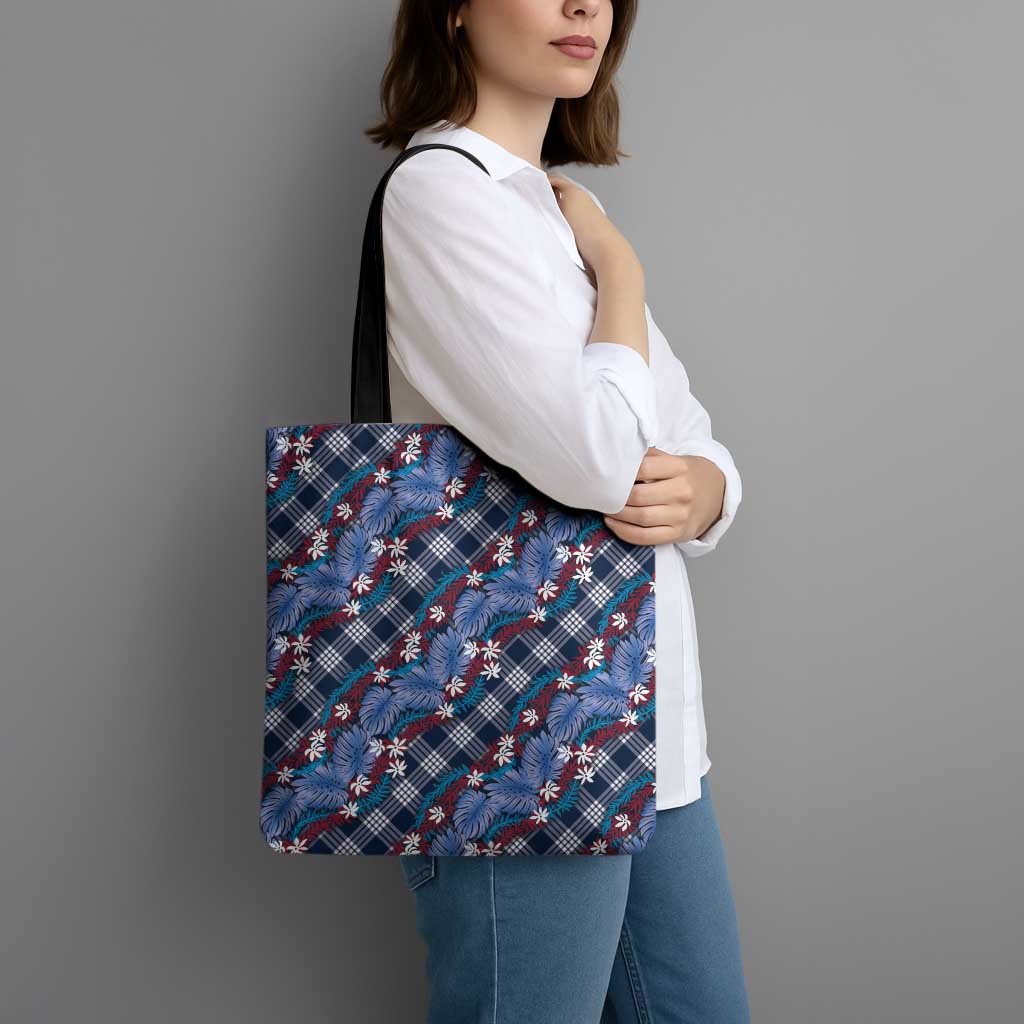 Polynesian Monstera Tiare Floral Tote Bag Royal Blue Tropical Plaid - Polynesian Pride
