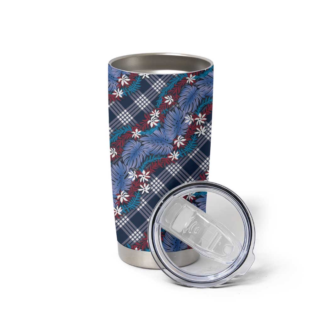 Polynesian Monstera Tiare Floral Tumbler Cup Royal Blue Tropical Plaid - Polynesian Pride