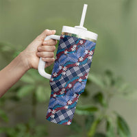 Polynesian Monstera Tiare Floral Tumbler With Handle Royal Blue Tropical Plaid LT01 - Polynesian Pride