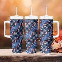 Polynesian Monstera Tiare Floral Tumbler With Handle Royal Blue Tropical Plaid LT01 - Polynesian Pride