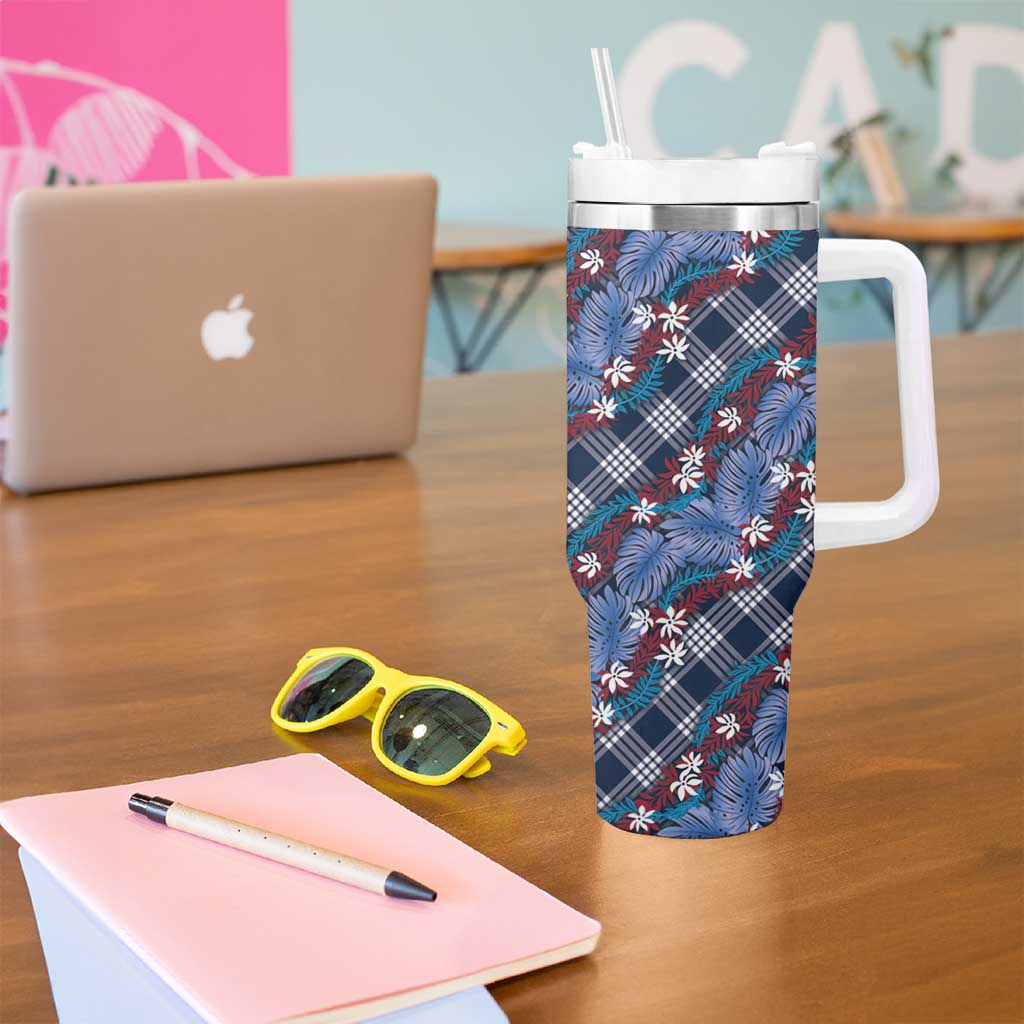 Polynesian Monstera Tiare Floral Tumbler With Handle Royal Blue Tropical Plaid LT01 - Polynesian Pride
