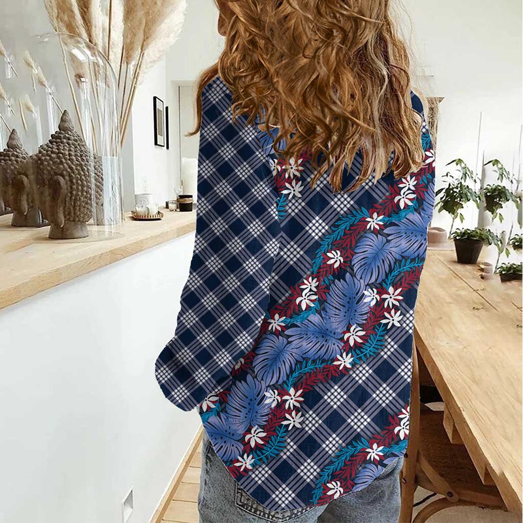 Polynesian Monstera Tiare Floral Women Casual Shirt Royal Blue Tropical Plaid - Polynesian Pride
