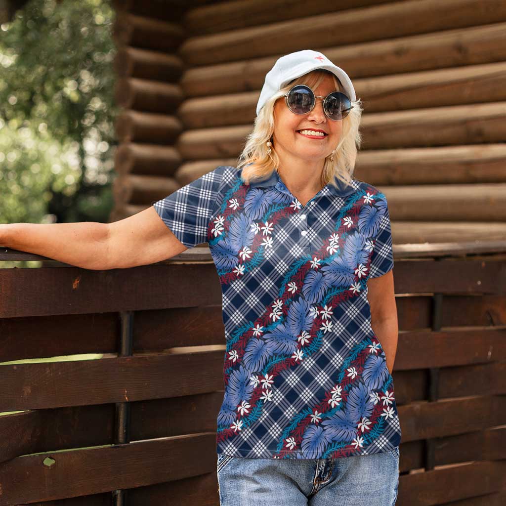 Polynesian Monstera Tiare Floral Women Polo Shirt Royal Blue Tropical Plaid - Polynesian Pride