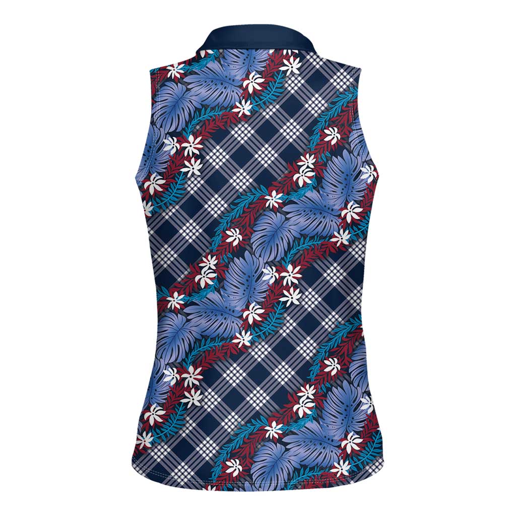 Polynesian Monstera Tiare Floral Women Sleeveless Polo Shirt Royal Blue Tropical Plaid LT01 - Polynesian Pride