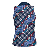 Polynesian Monstera Tiare Floral Women Sleeveless Polo Shirt Royal Blue Tropical Plaid LT01 - Polynesian Pride