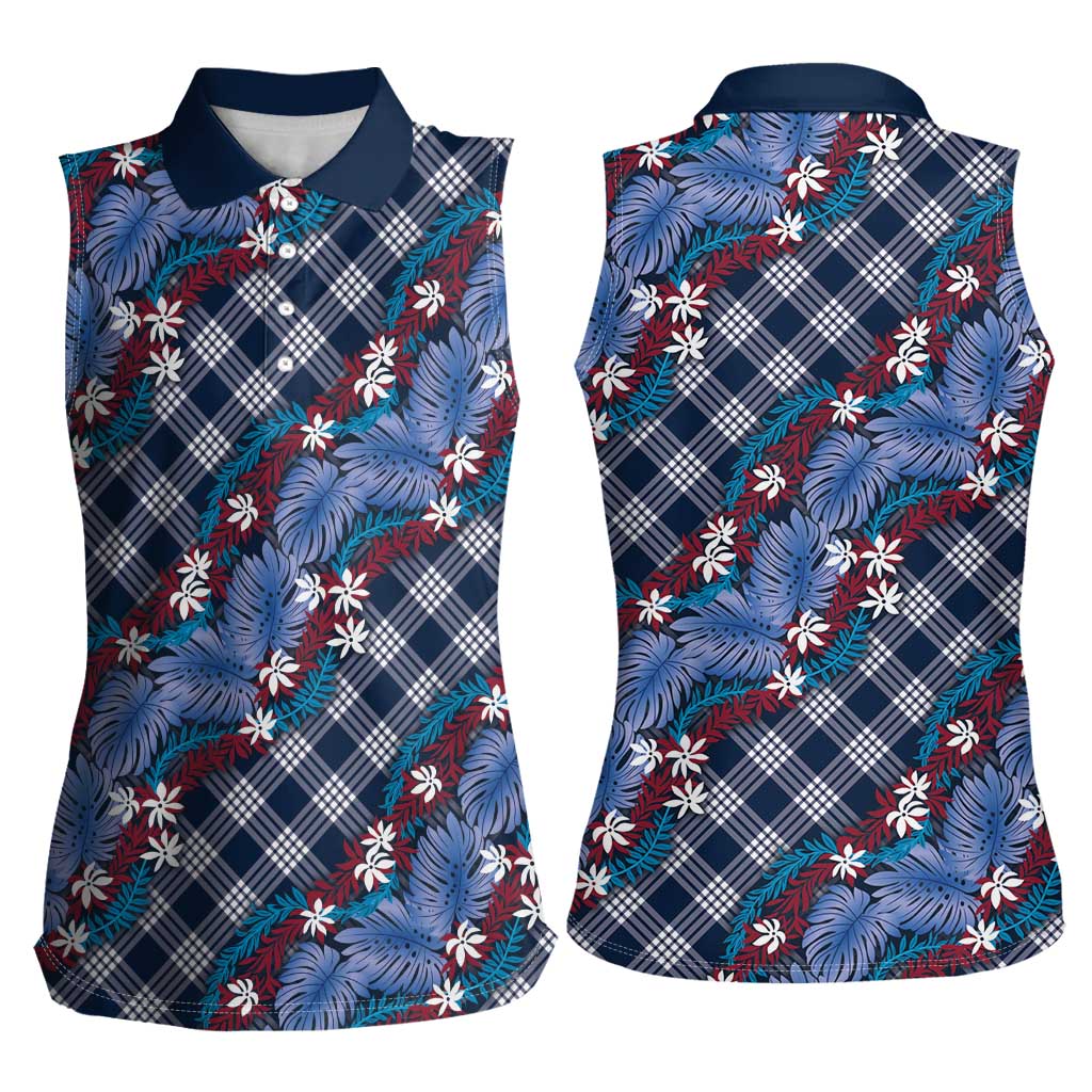 Polynesian Monstera Tiare Floral Women Sleeveless Polo Shirt Royal Blue Tropical Plaid LT01 - Polynesian Pride