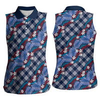 Polynesian Monstera Tiare Floral Women Sleeveless Polo Shirt Royal Blue Tropical Plaid LT01 - Polynesian Pride