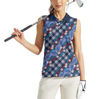 Polynesian Monstera Tiare Floral Women Sleeveless Polo Shirt Royal Blue Tropical Plaid LT01 - Polynesian Pride
