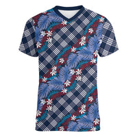 Polynesian Monstera Tiare Floral Women V-Neck T-Shirt Royal Blue Tropical Plaid LT01 Female Blue - Polynesian Pride