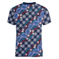 Polynesian Monstera Tiare Floral Women V-Neck T-Shirt Royal Blue Tropical Plaid LT01 - Polynesian Pride