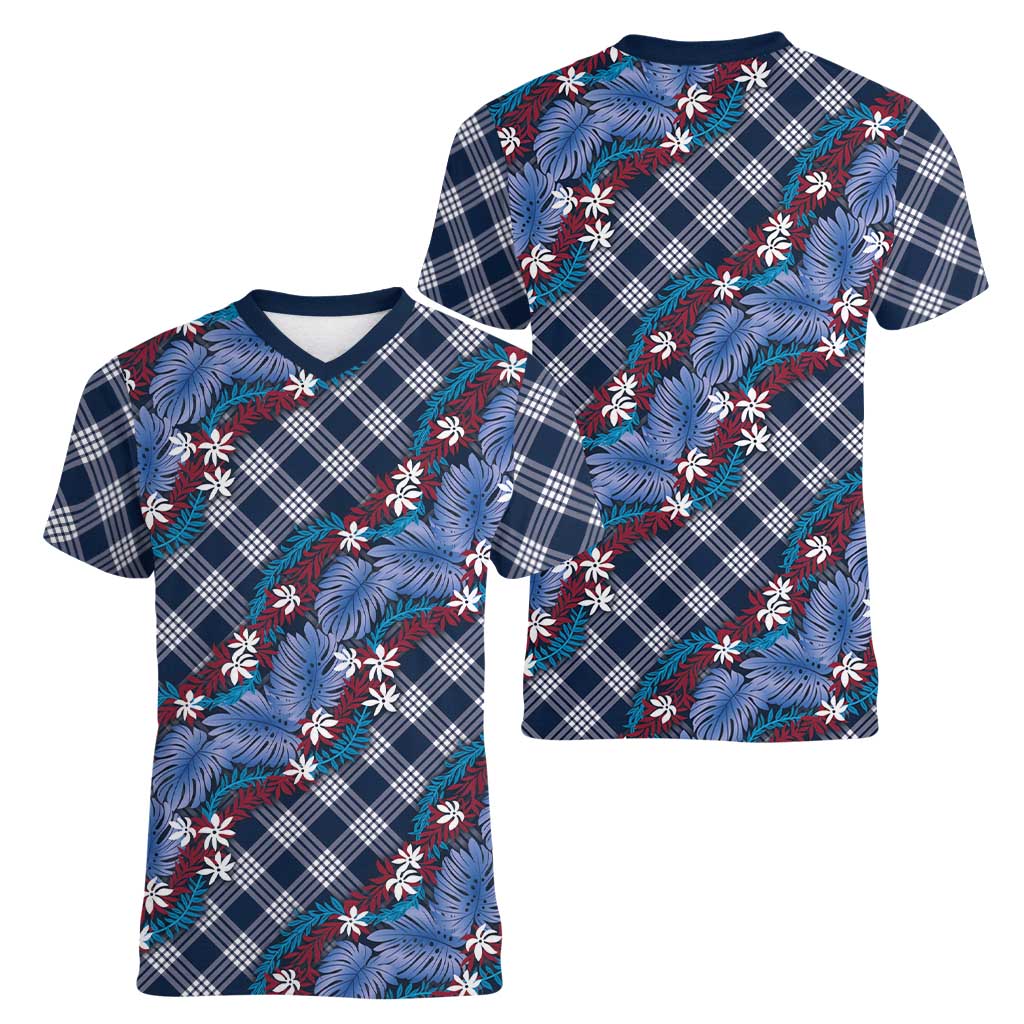 Polynesian Monstera Tiare Floral Women V-Neck T-Shirt Royal Blue Tropical Plaid LT01 - Polynesian Pride