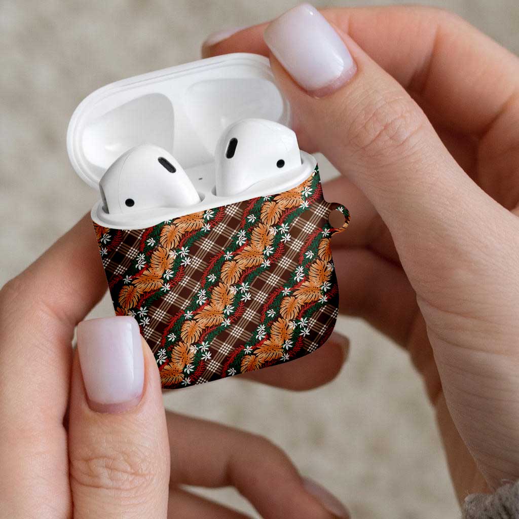 Polynesian Monstera Tiare Floral AirPods Case Chocolate Brown Tropical Plaid - Polynesian Pride