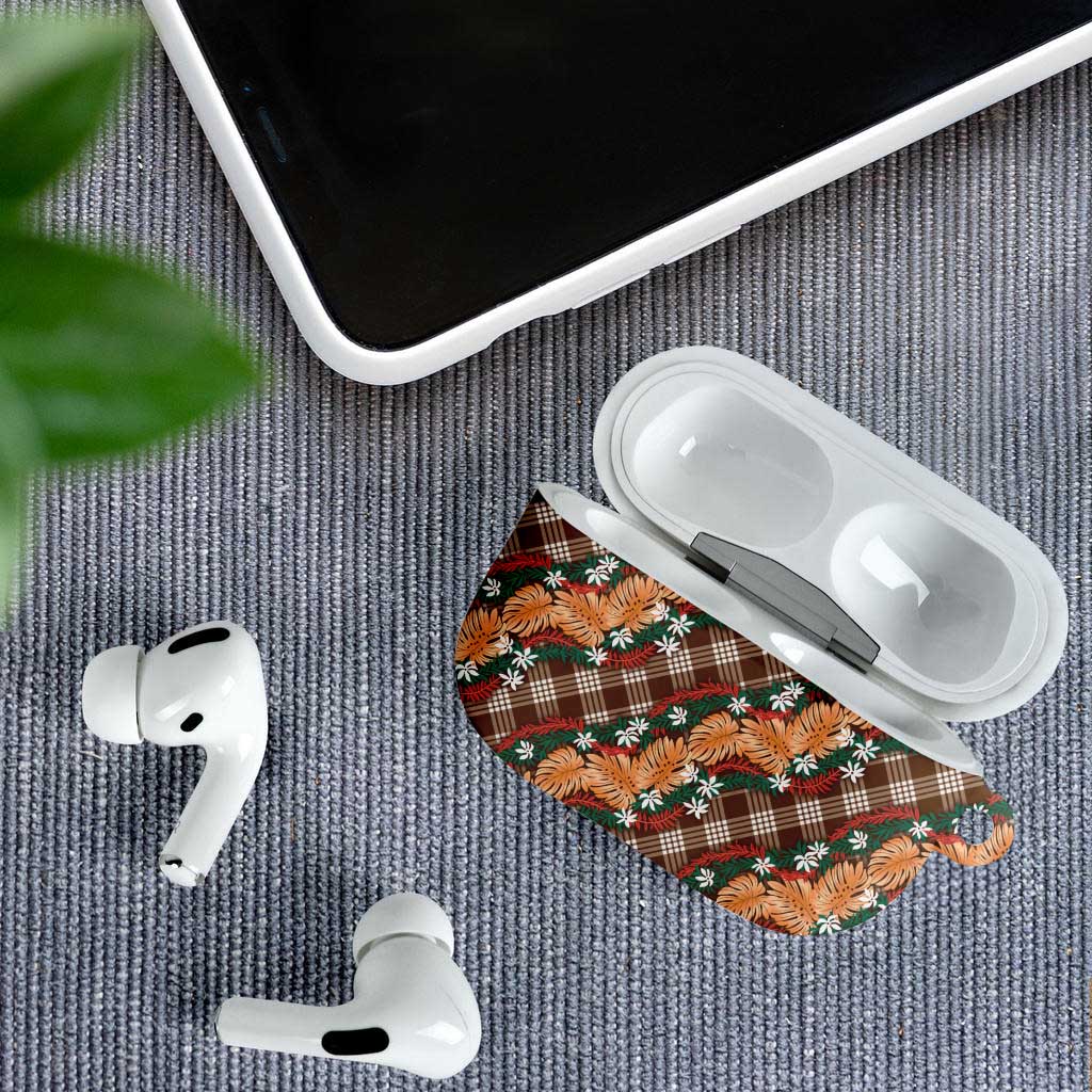 Polynesian Monstera Tiare Floral AirPods Case Chocolate Brown Tropical Plaid - Polynesian Pride