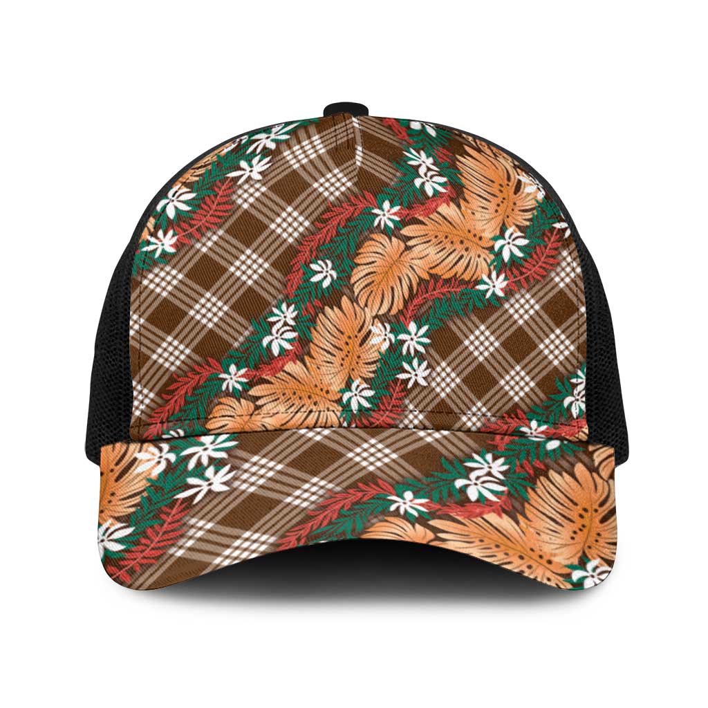 Polynesian Monstera Tiare Floral Baseball Net Cap Chocolate Brown Tropical Plaid - Polynesian Pride