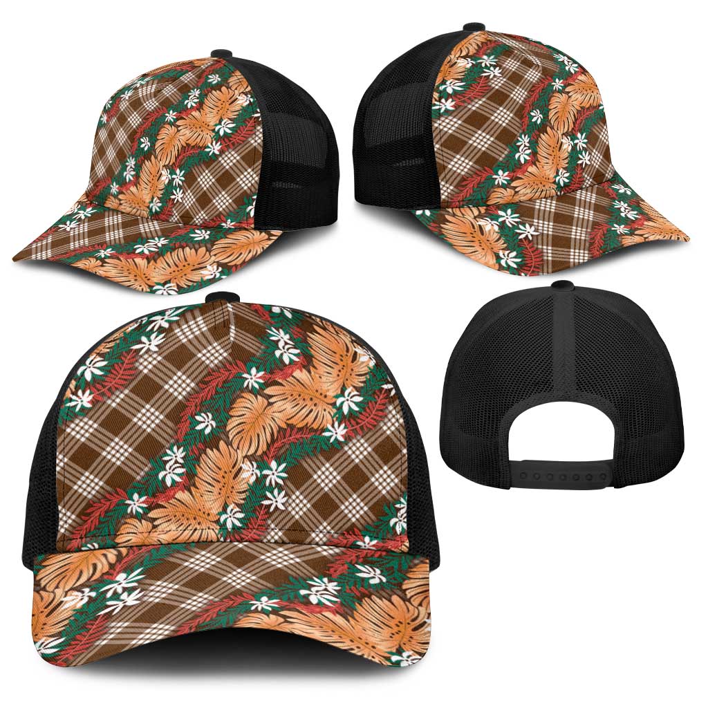 Polynesian Monstera Tiare Floral Baseball Net Cap Chocolate Brown Tropical Plaid LT01 - Polynesian Pride