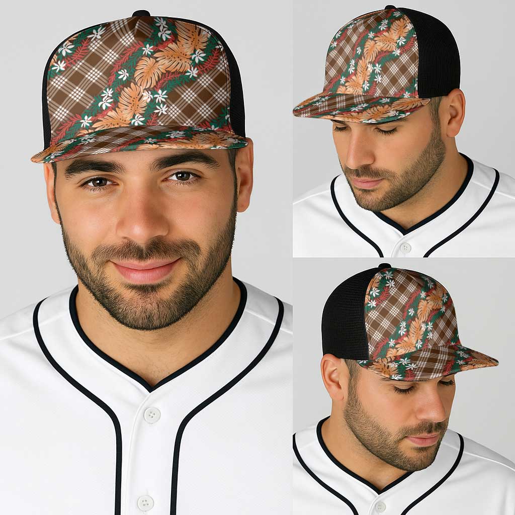 Polynesian Monstera Tiare Floral Baseball Net Cap Chocolate Brown Tropical Plaid LT01 - Polynesian Pride