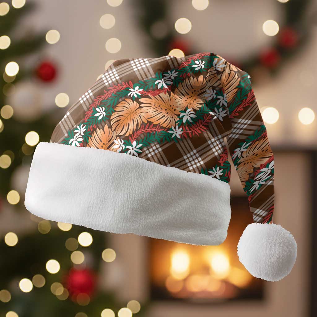 Polynesian Monstera Tiare Floral Christmas Santa Hat Chocolate Brown Tropical Plaid - Polynesian Pride