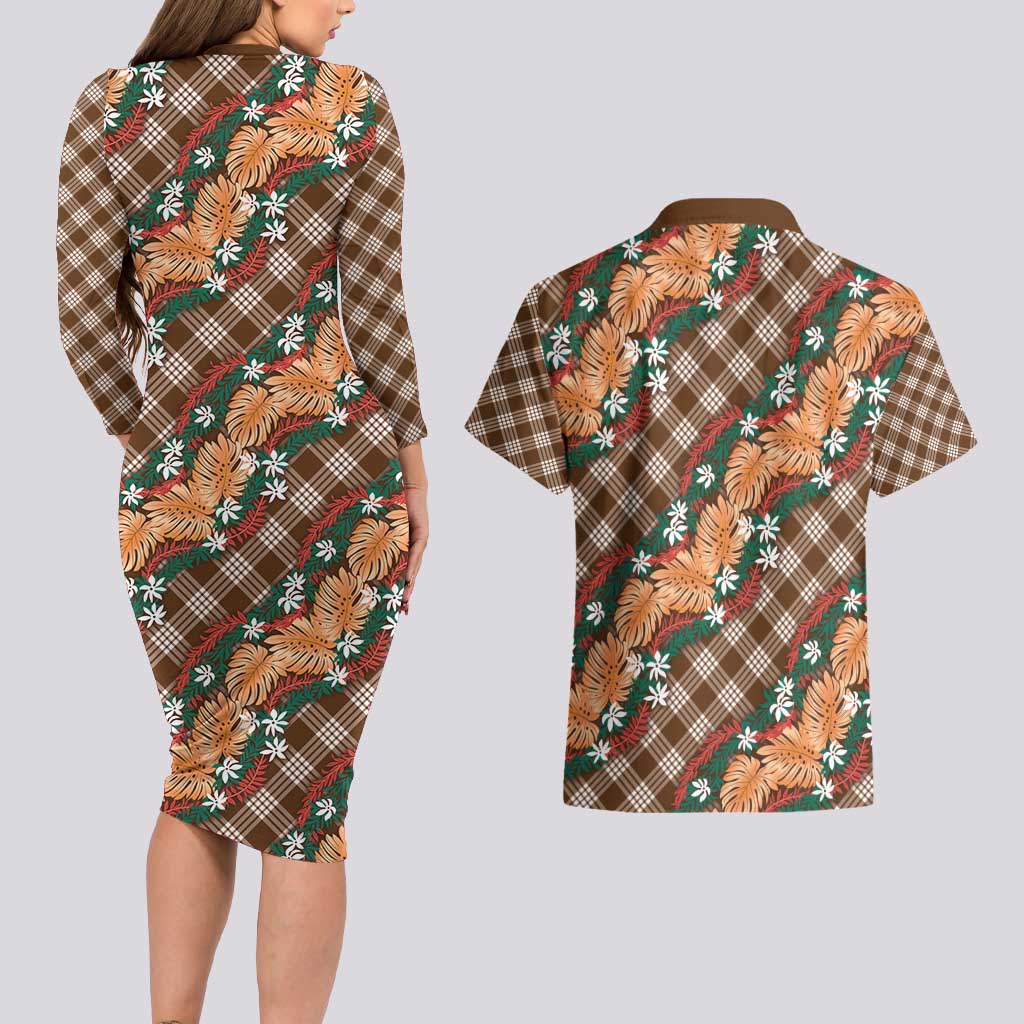 Polynesian Monstera Tiare Floral Couples Matching Long Sleeve Bodycon Dress and Hawaiian Shirt Chocolate Brown Tropical Plaid LT01 - Polynesian Pride