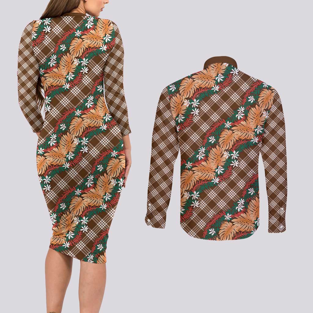 Polynesian Monstera Tiare Floral Couples Matching Long Sleeve Bodycon Dress and Long Sleeve Button Shirt Chocolate Brown Tropical Plaid LT01 - Polynesian Pride