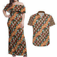 Polynesian Monstera Tiare Floral Couples Matching Off Shoulder Maxi Dress and Hawaiian Shirt Chocolate Brown Tropical Plaid LT01 Brown - Polynesian Pride