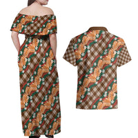 Polynesian Monstera Tiare Floral Couples Matching Off Shoulder Maxi Dress and Hawaiian Shirt Chocolate Brown Tropical Plaid LT01 - Polynesian Pride