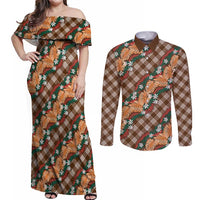 Polynesian Monstera Tiare Floral Couples Matching Off Shoulder Maxi Dress and Long Sleeve Button Shirt Chocolate Brown Tropical Plaid LT01 Brown - Polynesian Pride