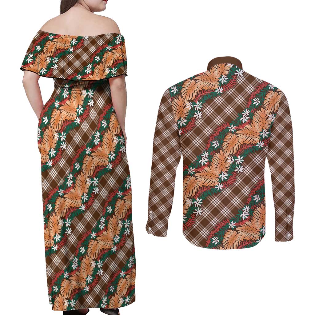 Polynesian Monstera Tiare Floral Couples Matching Off Shoulder Maxi Dress and Long Sleeve Button Shirt Chocolate Brown Tropical Plaid LT01 - Polynesian Pride