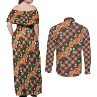 Polynesian Monstera Tiare Floral Couples Matching Off Shoulder Maxi Dress and Long Sleeve Button Shirt Chocolate Brown Tropical Plaid LT01 - Polynesian Pride
