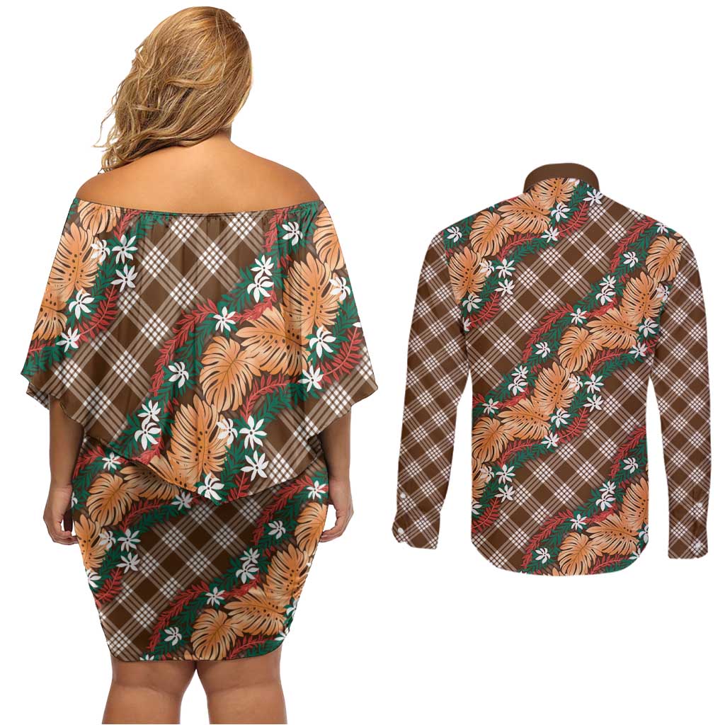 Polynesian Monstera Tiare Floral Couples Matching Off Shoulder Short Dress and Long Sleeve Button Shirt Chocolate Brown Tropical Plaid LT01 - Polynesian Pride