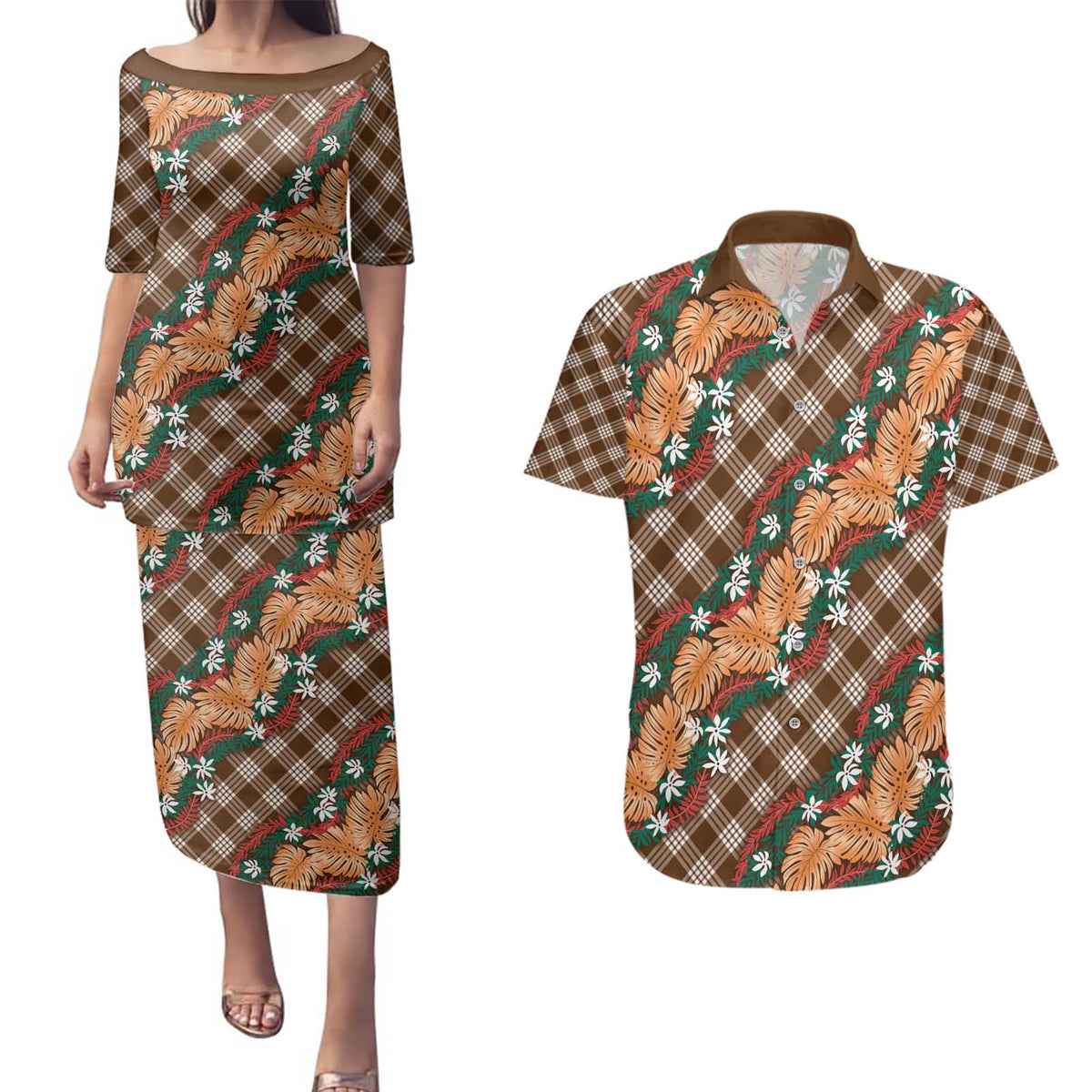 Polynesian Monstera Tiare Floral Couples Matching Puletasi and Hawaiian Shirt Chocolate Brown Tropical Plaid LT01 Brown - Polynesian Pride