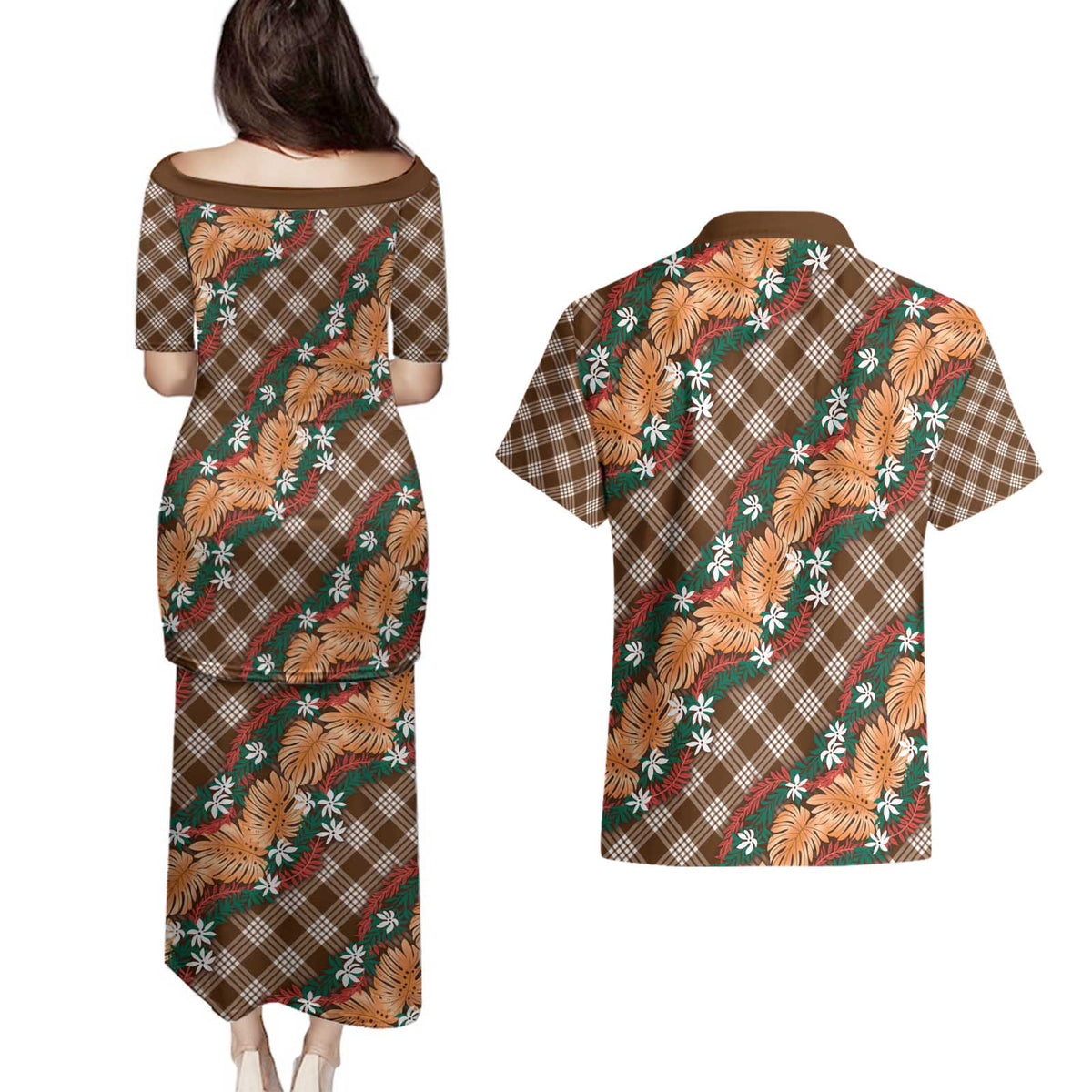 Polynesian Monstera Tiare Floral Couples Matching Puletasi and Hawaiian Shirt Chocolate Brown Tropical Plaid LT01 - Polynesian Pride