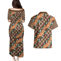 Polynesian Monstera Tiare Floral Couples Matching Puletasi and Hawaiian Shirt Chocolate Brown Tropical Plaid LT01 - Polynesian Pride
