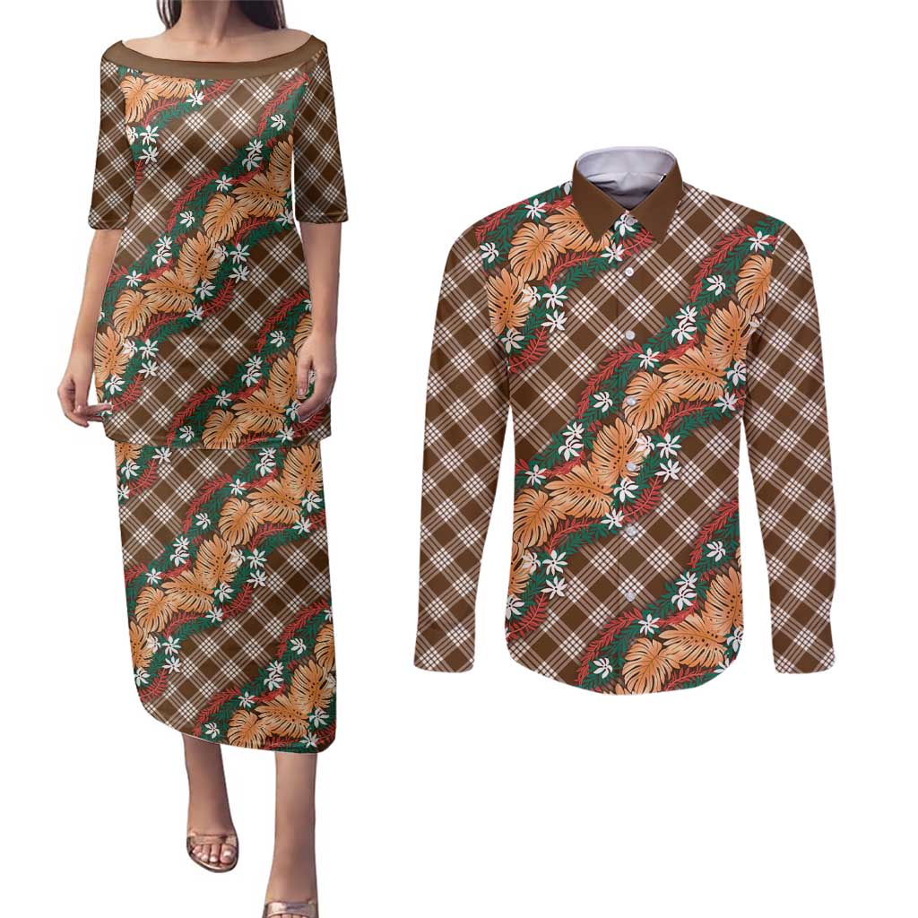 Polynesian Monstera Tiare Floral Couples Matching Puletasi and Long Sleeve Button Shirt Chocolate Brown Tropical Plaid - Polynesian Pride
