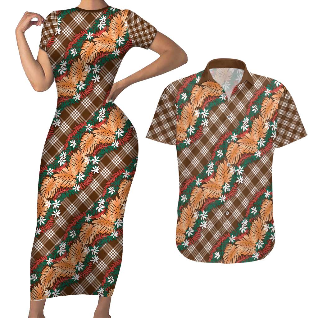Polynesian Monstera Tiare Floral Couples Matching Short Sleeve Bodycon Dress and Hawaiian Shirt Chocolate Brown Tropical Plaid LT01 Brown - Polynesian Pride
