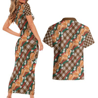 Polynesian Monstera Tiare Floral Couples Matching Short Sleeve Bodycon Dress and Hawaiian Shirt Chocolate Brown Tropical Plaid LT01 - Polynesian Pride