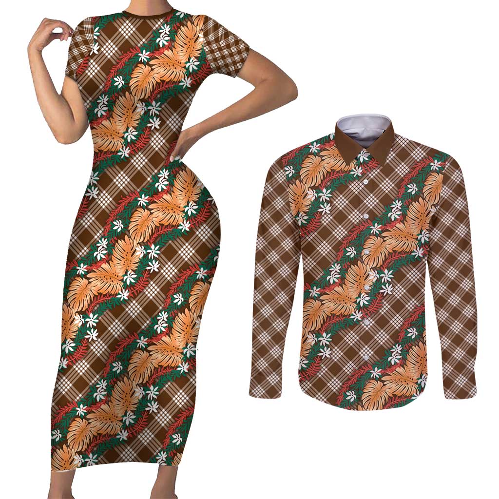 Polynesian Monstera Tiare Floral Couples Matching Short Sleeve Bodycon Dress and Long Sleeve Button Shirt Chocolate Brown Tropical Plaid LT01 Brown - Polynesian Pride