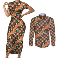 Polynesian Monstera Tiare Floral Couples Matching Short Sleeve Bodycon Dress and Long Sleeve Button Shirt Chocolate Brown Tropical Plaid LT01 Brown - Polynesian Pride