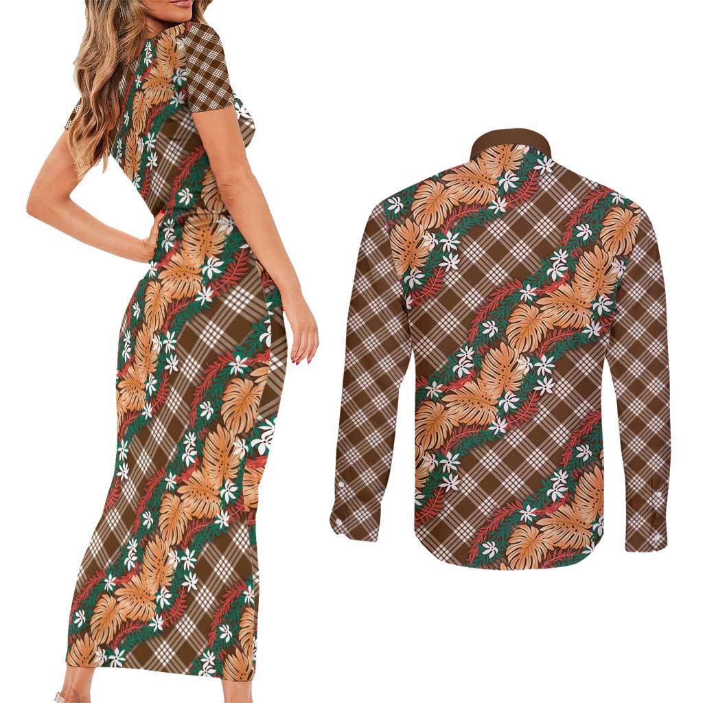 Polynesian Monstera Tiare Floral Couples Matching Short Sleeve Bodycon Dress and Long Sleeve Button Shirt Chocolate Brown Tropical Plaid LT01 - Polynesian Pride
