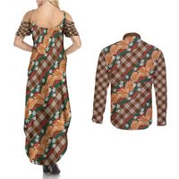 Polynesian Monstera Tiare Floral Couples Matching Summer Maxi Dress and Long Sleeve Button Shirt Chocolate Brown Tropical Plaid LT01 - Polynesian Pride