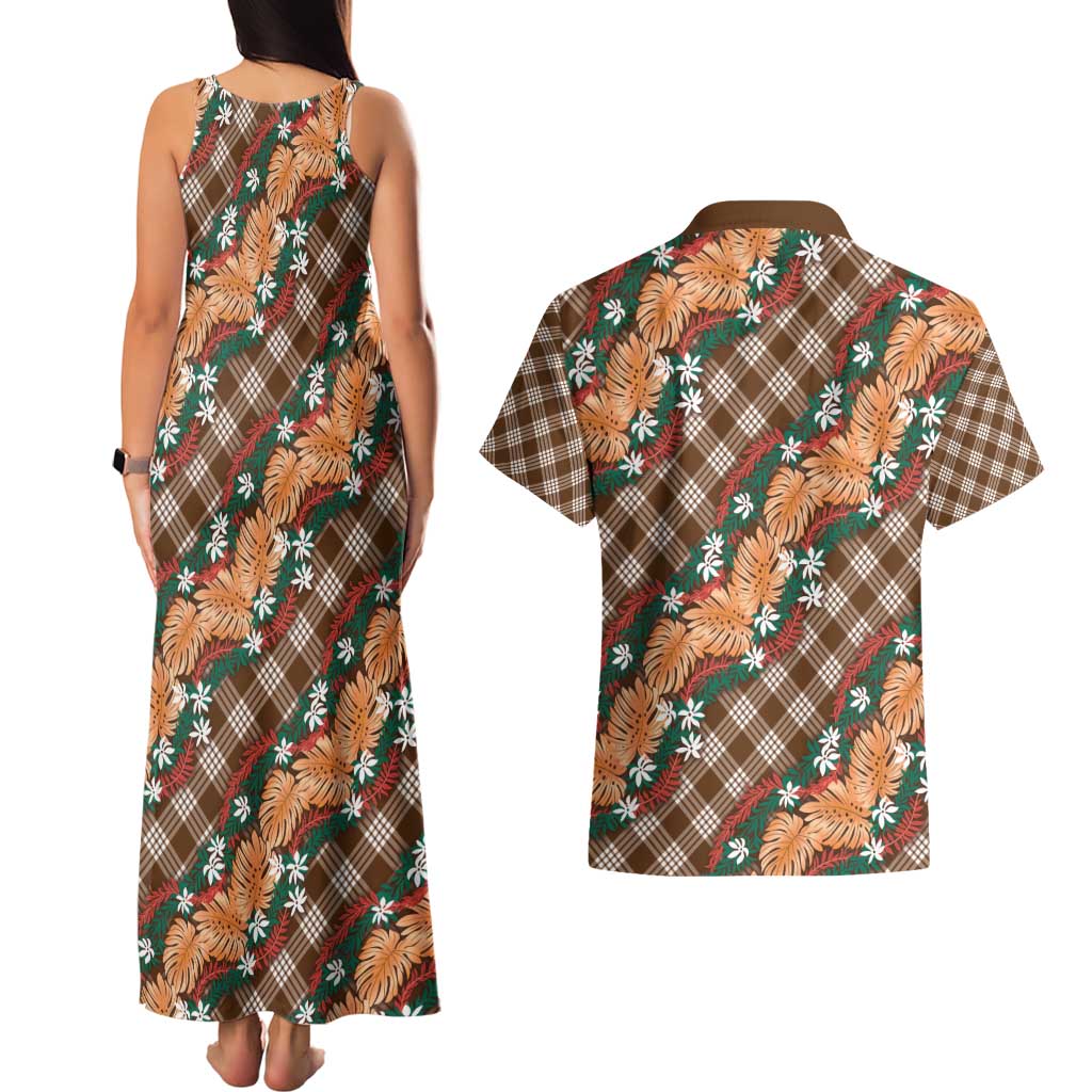 Polynesian Monstera Tiare Floral Couples Matching Tank Maxi Dress and Hawaiian Shirt Chocolate Brown Tropical Plaid LT01 - Polynesian Pride