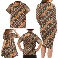 Polynesian Monstera Tiare Floral Family Matching Long Sleeve Bodycon Dress and Hawaiian Shirt Chocolate Brown Tropical Plaid LT01 - Polynesian Pride