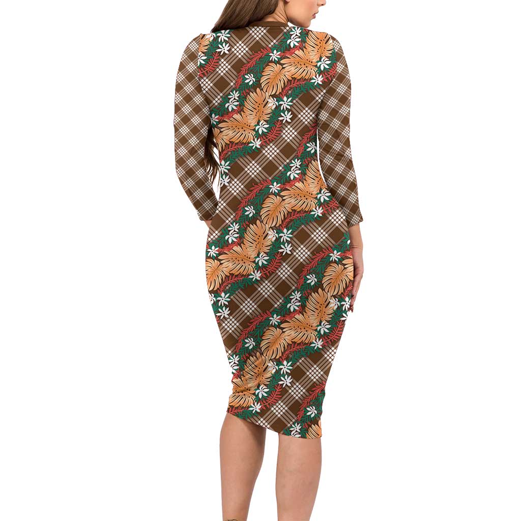 Polynesian Monstera Tiare Floral Family Matching Long Sleeve Bodycon Dress and Hawaiian Shirt Chocolate Brown Tropical Plaid LT01 - Polynesian Pride
