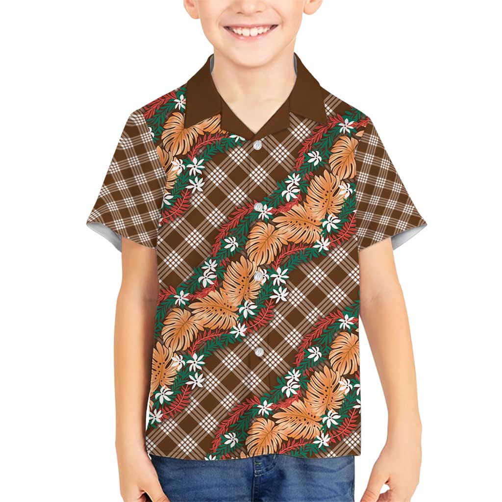 Polynesian Monstera Tiare Floral Family Matching Long Sleeve Bodycon Dress and Hawaiian Shirt Chocolate Brown Tropical Plaid LT01 Son's Shirt Brown - Polynesian Pride